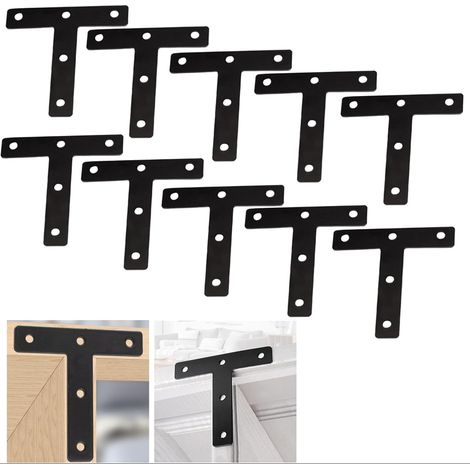 Escuadras de esquina en forma de T, paquete de 10 unidades, soportes en forma de T, para muebles, armarios, mesas y sillas, color negro. (1/4)