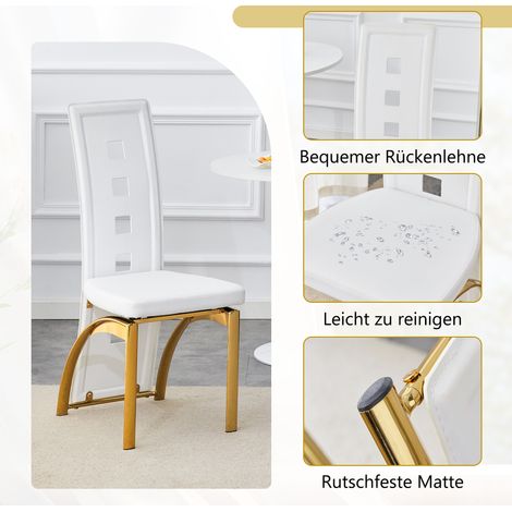 Set de 2 chaises de salle à manger design européen, motif perforé, blanc mat en simili cuir PU, pieds métalliques dorés, hauteur 102,5 cm, idéales pour salle à manger ou séjour moderne. (1/5)