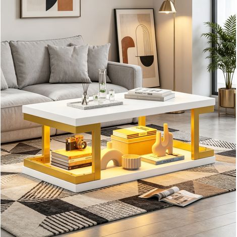 Table basse LED rectangulaire 100 x 50 x 37,5 cm blanche et dorée MDF métal OKMYHOME (1/5)