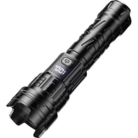 Lampe torche LED - Lampe torche - Lampe torche LED rechargeable - Trois modes d'éclairage (fort, faible, stroboscopique) - Équipement de plein air - Zoom extensible - Batterie 1200 mAh - Noir (1/5)