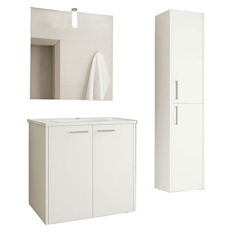Badezimmerschrank – Breite 800 mm – Weiß – Komplettset: Hängeschrank mit 2 Türen + Waschbecken + Einfacher Spiegel + LED-Wandleuchte + Säulenschrank mit 2 Türen - CIT/ELS/S/C/800/B
