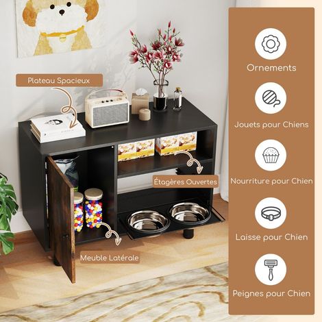 2 gamelles inox amovibles, meuble rangement croquettes chien avec station repas surélevée réglable 10 cm, marron (1/5)