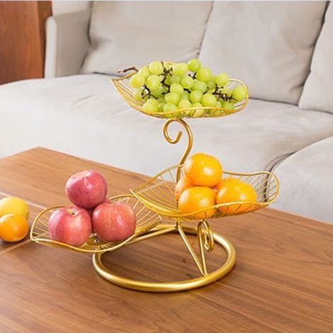 Nordischer Stil, 3-stöckiger Obstkorb, moderner Aufbewahrungskorb mit mehreren Ebenen für Obst und Snacks, ideal für Wohnzimmer und Couchtisch, Lotusblatt, Gold (1/5)