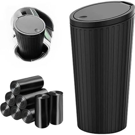 Car Trash Can with Lid, Car Trash Can with 8 Rolls of Bin Bags, Portable Waterproof Smell Proof Anti-Leak Car Gadget for Automobiles Offices Homes Kitchens, Black (1/5)