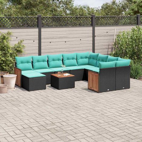 Ensemble canapé de jardin 11 pièces en rotin PE noir avec coussins bleus - PANGIVO (1/5)