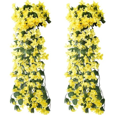 UlisemLot de 2 fleurs artificielles suspendues - Fleurs artificielles - Violet - Glycine - Plantes suspendues - En plastique - Pour bureau, maison, fête, mariage, décoration de maison - Jaune (1/4)