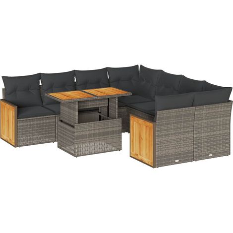 vidaXL Set Divano da Giardino 9pz con Cuscini Grigio Polyrattan Acacia (1/5)