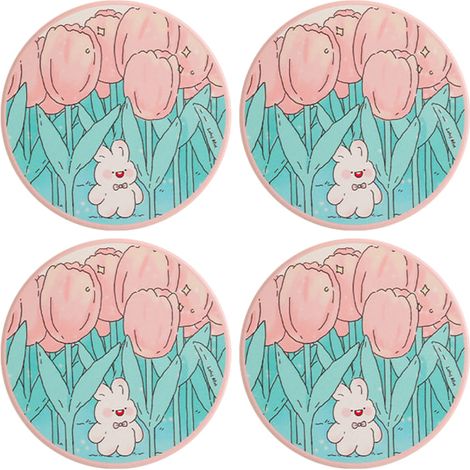 Lot de 4 dessous de verre en bois et pierre absorbante, tapis isolants pour tasses, motif lapin et ours (1/4)