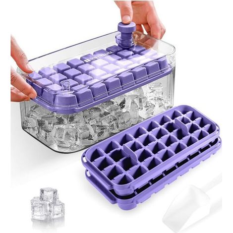 Stampo per cubetti di ghiaccio, per alimenti, con coperchi, permette di estrarre tutti i cubetti in un secondo, senza BPA, 64 stampi quadrati per cubetti di ghiaccio facili da rimuovere (viola) (1/4)
