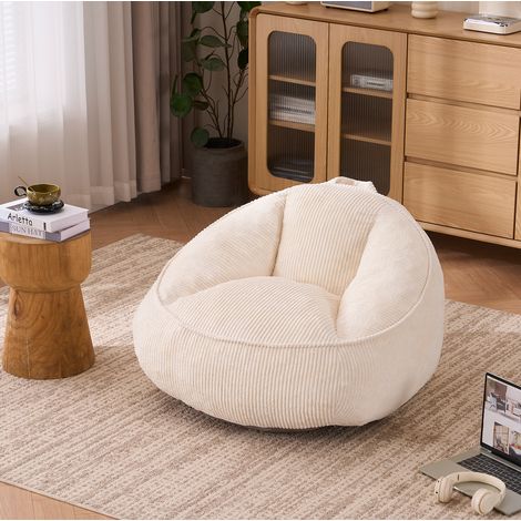 Fauteuil pouf 90x90x59 cm en tissu côtelé beige, gain de place pour salon FloraGrace (1/5)