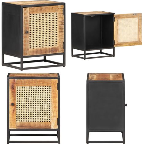 Mesita de noche madera de mango rugosa caña natural 40x30x50cm - Madera de mango - Mesita de noche de madera