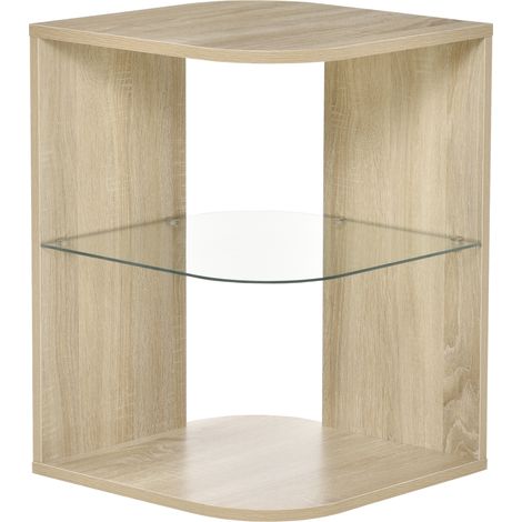 Table d'appoint moderne pour salon, table de chevet à 3 étagères, plateau en verre, table basse pour salon ou chambre, 40 x 40 x 56 cm, bois naturel