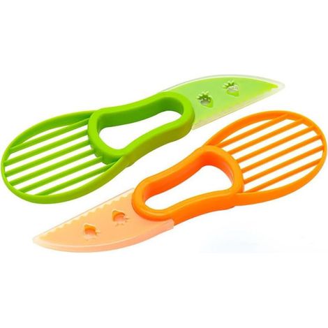 Trancheuse D'Avocat, 2 PCS Couteau de Coupe d'Avocat 3 en 1, Avocat Couteau à Éplucher, Gadgets de Cuisine pour Dénoyauter, Matériau PP, Lame Dentelée, Vert/Orange, 17,5CM