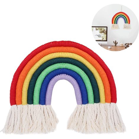 Tapisserie murale arc-en-ciel en macramé pour chambre, bébé ou salle de jeux. Petite tapisserie colorée en corde tressée avec pompons. Décoration artisanale à offrir. (1/4)