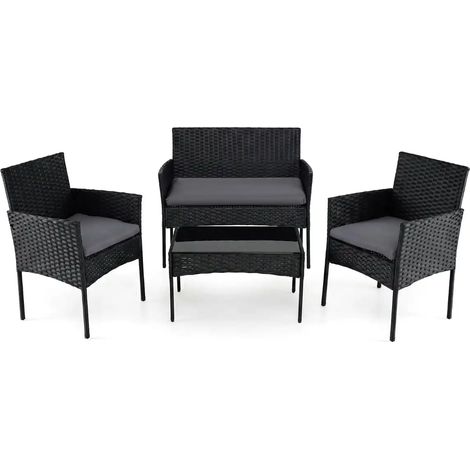 Salon de jardin gris en résine tressée avec fauteuil, 2 chaises, table en verre et coussins pour balcon, terrasse et jardin