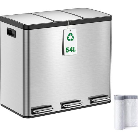 Poubelle Cuisine 3x18L à Pédale, 54L Inox Poubelle Tri Sélectif 3 Compartiments, Triple Ouverture Indépendante, Soft Close Silencieux, Bacs Amovibles, 15 Sacs Inclus (1/5)