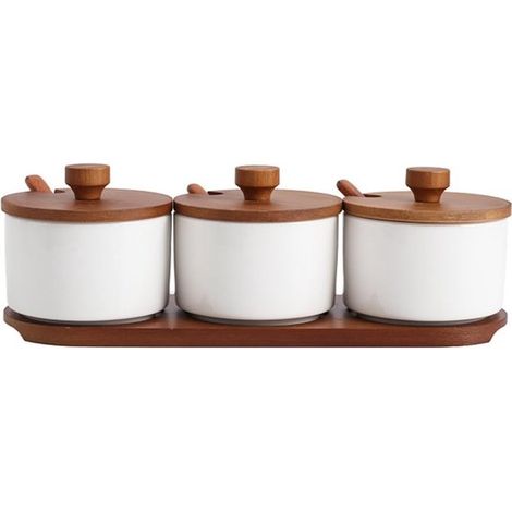 Set di spezie da cucina in 3 pezzi: zuccheriera in ceramica da 220 ml con coperchio e cucchiaino, saliera e barattolo per spezie per la casa e la cucina (1/4)