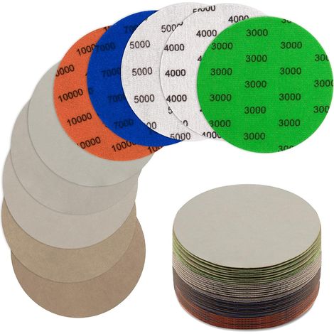 Lot de 50 Disques de Ponçage, Rond Papier de Verre, 125mm Disques Abrasifs Auto-Agrippants, Disques Abrasif de Ponçage Humide et Sec 3000/4000/5000/7000/10000 pour Le Flocage, Papier Abrasif (1/5)