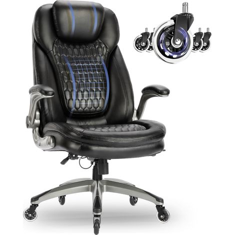 COLAMY Office Chair – Ergonomic office chair, 13.5 cm thick seat cushion, liftable armrests, modern-style leather office chair, improved silent casters, 360° swivel, black (1/5)