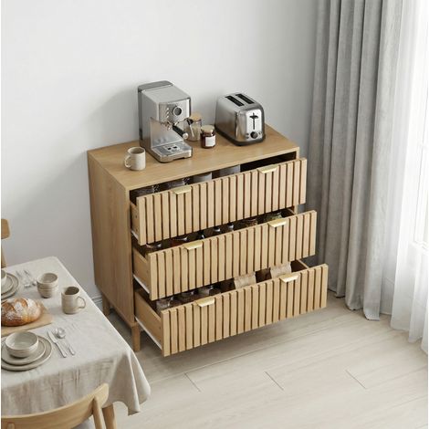 Comò 80x39x80 cm rovere in MDF e truciolare con 3 cassetti e gambe in legno massello (1/5)