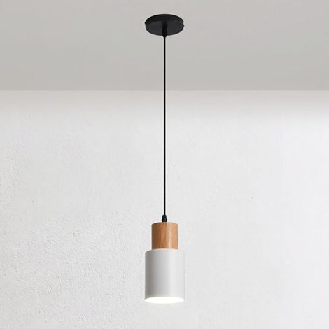 Mini lampe à suspension de chevet, suspension en bois avec abat-jour cylindrique, lampes à suspension à long tube en métal, luminaire E27 - Blanc (1/5)