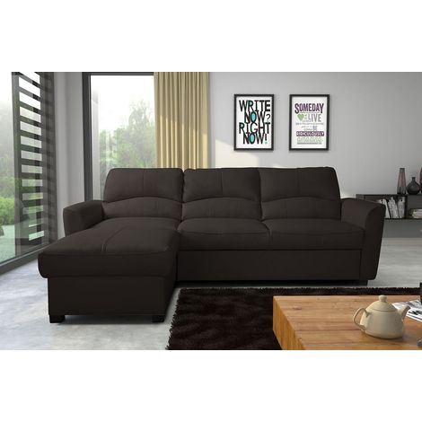 - Canapé d'angle convertible en cuir de luxe italien , 5 places LUGANO, chocolat, angle gauche (1/5)