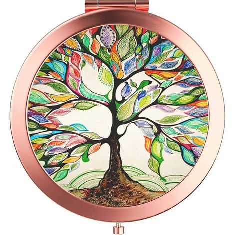 Espejo de viaje compacto color oro rosa, doble cara, con aumento de 2X y 1X, espejo de mano redondo de metal, espejo bohemio para mujeres y niñas, árbol de la vida (1/5)