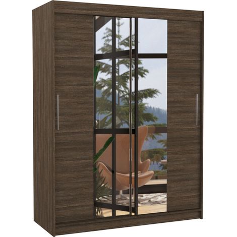 Armoire de chambre 2 portes coulissantes bois marron et miroir Linoa 150cm (1/5)