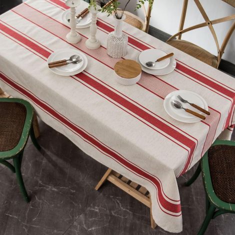 Nappe vintage française à rayures rouges en coton et lin, lavable, , pour cuisine, salle à manger, ferme, décoration de table, 140 x 220 cm (1/5)