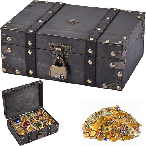 24x17x9,5cm Coffre Trésor Vintage en Bois Coffre Pirate Enfant Boite avec (1/5)