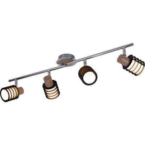 Deckenstrahler schwenkbar Deckenleuchte Chrom Retro Deckenlampe Glas, 4 Flammig Holz Akzente, 4x E14, L 70 cm