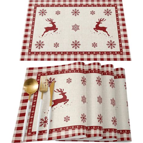 Sets de table pour salle à manger, sets de table isolants et lavables, lot de 6, motifs de Noël : élan, flocons de neige, carreaux rouges et noirs, décorations intérieures et extérieures (1/5)