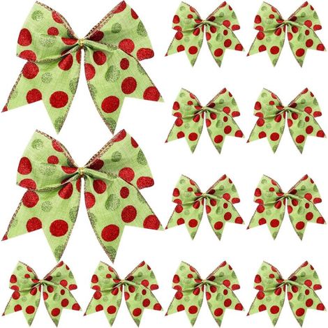 Lot de 12 nœuds de Noël rouges et verts de 15,2 cm, grandes couronnes de Noël, nœuds, nœuds, rubans, ornements pour guirlande, fête de mariage (motif pailleté) (1/2)