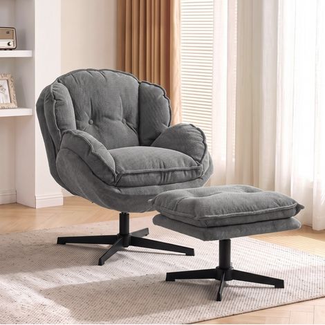 MODFU – Poltrona relax girevole 360° in ciniglia con poggiapiedi regolabile, seduta spessa, schienale 16 cm e schiuma – Grigio (1/5)