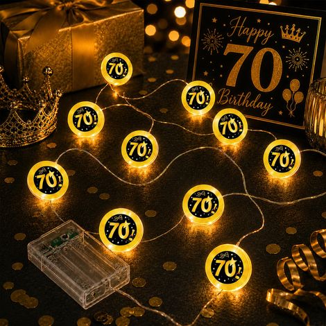 Guirlande lumineuse pour 70e anniversaire - 2 m - 20 LED - Fonctionne avec piles - Noir et doré - Pour fête, chambre à coucher (1/5)