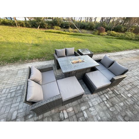 Fimous Hoher Rücken Rattan Gartenmöbel Sets mit Outdoor-Möbel Gas Feuerstelle Esstisch Set 2 Großer Fußhocker Beistelltische Dunkelgrau Gemischt (1/5)