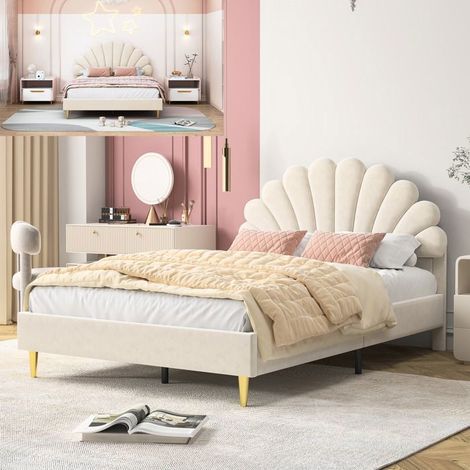 Doppelbett - Bett 140x200 cm Blütenblätter - Beige Samt - Lattenrost inklusive - Kopfteil