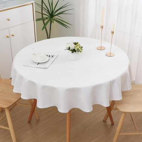Nappe ronde 140cm aspect lin avec paillettes, lavable, imperméable, blanc
