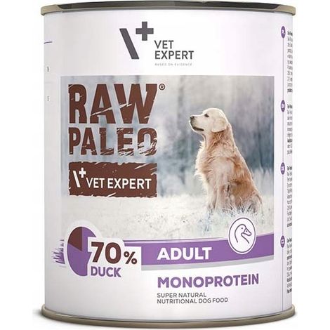 VetExpert Cibo umido per cani adulti al gusto di anatra cruda paleo, confezione da 6 lattine da 800 g