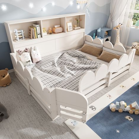 Cama Montessori infantil blanca 140x190 cm de madera con somier de láminas, barrera, puerta y estantería (1/5)