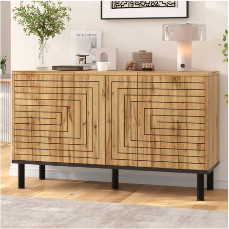 Buffet 120x35x68cm 3 portes avec ouverture push motif vague - Buffet salon - Joli meuble de rangement moderne avec six compartiments (1/5)