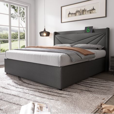 Bett Doppelbett Stauraum 140x200 Ladefunktion Grau OKMYHOME (1/5)