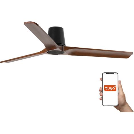 Faro Heywood Tub Grand ventilateur de plafond à 3 pales, noir mat, noyer, système intelligent Tuya (1/3)