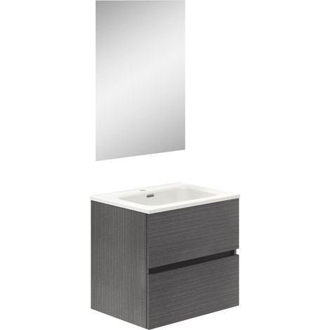 Meuble de Salle de Bain Deux tiroirs, Suspendu au Mur avec lavabo. Mélamine 16. Meuble monté. Meuble de 50 cm Cendre avec Miroir Lune Lisse (1/5)