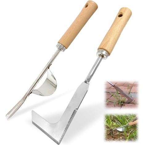 2 Pcs Manual Weeder Tool Stainless Steel Manual Weed Remover with Ergonomic Wooden Handle Garden Tool Root Weeder for Weeding Your Garden Digging (1/5)