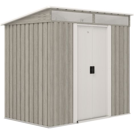 6.5 x 4FT Galvanised Metal Shed with Foundation Kit, Lockable Tool Garden Shed with Double Sliding Doors, Vents, Light Grey Wood Effect