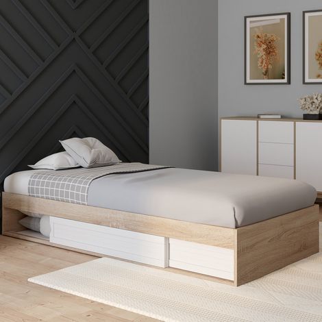 Marco de cama individual SALEM con almacenaje y somier de 90 x 190 CM de haya y blanco