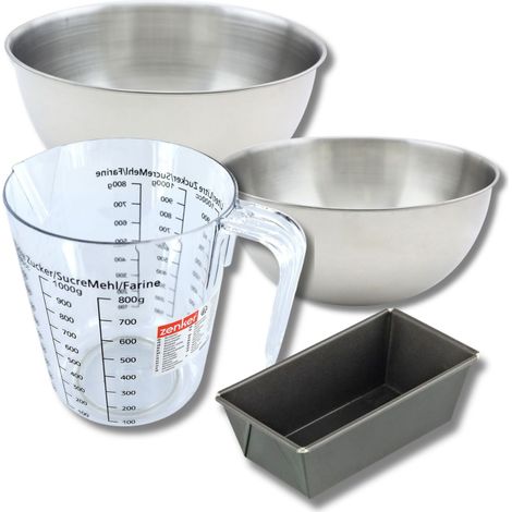Set pâtisserie avec mini moule à cake 20 cm, 2 bols à mixer, verre mesureur et spatule Zenker (1/5)