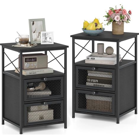 COSTWAY Table de Chevet Industrielle 2 Compartments, Noir,2 (1/4)