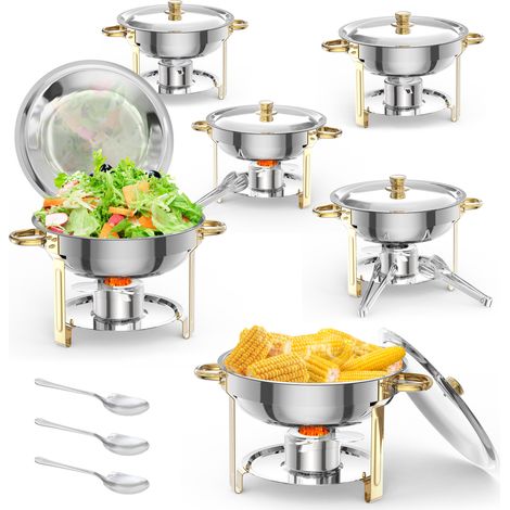 Lot de 6 Réchaud à Buffet Or, Ensemble de Chauffe Inox avec Couvercles, Porte-Couvercle, Cuillères & Pinces, Plats Buffet Traiteur